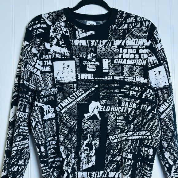 Zara RARE Black and White Graphic Men's Sweater Crew Neck Long Sleeves Size L - Picture 3 of 11
